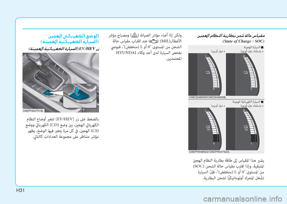 Hyundai Ioniq Hybrid 2017  دليل المالك H31H31
�؛�ﻒ�ﻛ�ﳌ�ن�L�ﺷ�K�ئي�r�ﳌ�ن�x�F�ق�ﺷ�ط�ﺬ�ن�+�H�,�ن�x�r�ﺷ�ﻓ�ن�ﻪ�ﺷ�P�بم�ﴪ
(State of Charge : SOC)
���r�/�r���_�r�+����k���4���
