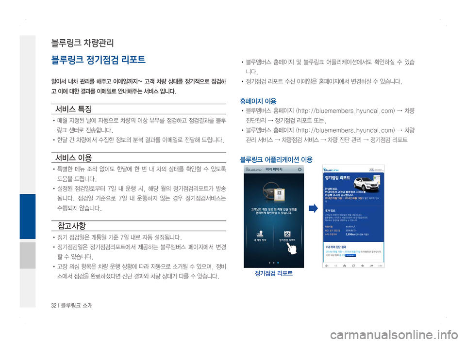 Hyundai Ioniq Hybrid 2016  ONIQ hybrid 표준4 내비게이션 (in Korean) 32 I 블루링크 소개
블루링크 정기점검 리포트
알아서  내차  관리를  해주고  이메일까지~  고객  차량  상태를  정기적으로  점검하
고 이에 대한 결과