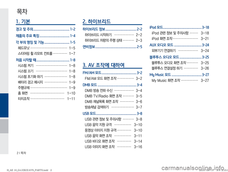 Hyundai Ioniq Hybrid 2016  ONIQ hybrid 표준4 내비게이션 (in Korean) ���*�~0
1. 기본
경고 및 주의 .............................................. 1-2
제품의 주요 특징 ...................................... 1-4
각 부의 명칭 및 기능 ............