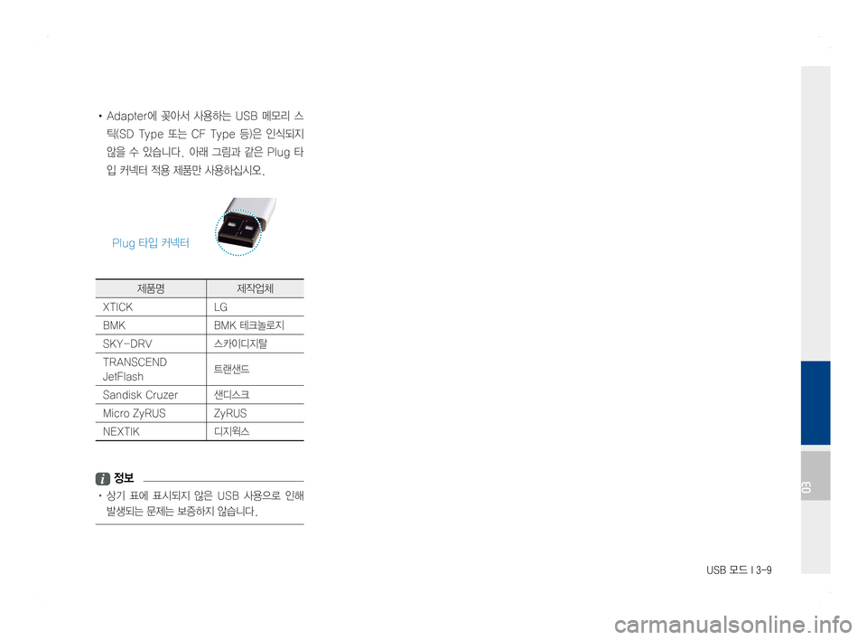 Hyundai Ioniq Hybrid 2016 ONIQ hybrid 표준4 내비게이션 (in Korean) USB 모드 I 3-9
• Adapter에 꽂아서 사용하는 USB 메모리 스
틱(SD Type 또는 CF Type 등)은 인식되지
않을 수 있습니다. 아래 그림과 같은 Plug 타
Hyundai Ioniq Hybrid 2016 ONIQ hybrid 표준4 내비게이션 (in Korean) USB 모드 I 3-9
• Adapter에 꽂아서 사용하는 USB 메모리 스
틱(SD Type 또는 CF Type 등)은 인식되지
않을 수 있습니다. 아래 그림과 같은 Plug 타