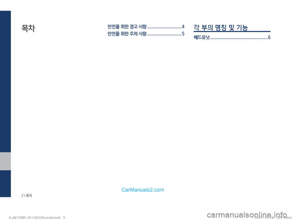 Hyundai Ioniq Hybrid 2016  IONIQ hybrid 표준5 내비게이션 (in Korean) ���*�~0
목차안전을 위한 경고 사항 .................................. 4
안전을 위한 주의 사항 .................................. 5각 부의 명칭 및 기능
헤드유닛 ....