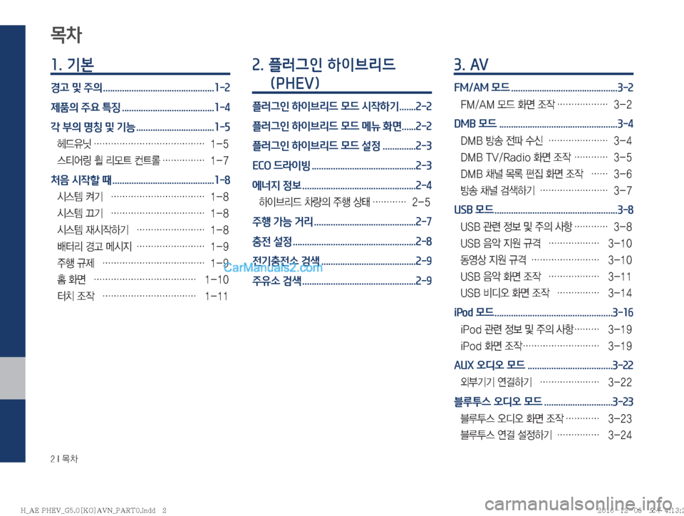 Hyundai Ioniq Hybrid 2016  IONIQ hybrid 표준5 내비게이션 (in Korean) ���*�~0
목차
1. 기본
경고 및 주의 ...............................................1-2
제품의 주요 특징 .......................................1-4
각 부의 명칭 및 기능 .....