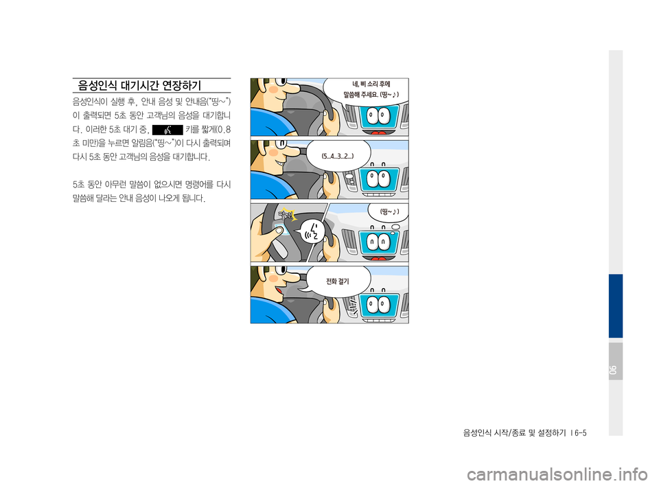 Hyundai Ioniq Hybrid 2015  IONIQ hybrid 표준4 내비게이션 (in Korean) 음성인식 시작/종료 및 설정하기  I 6-5
음 성인식 대기시간 연장 하기
음성인식이실행후,안내 음성및안내음(“띵~”)
이 출력되면 5초동안 고객