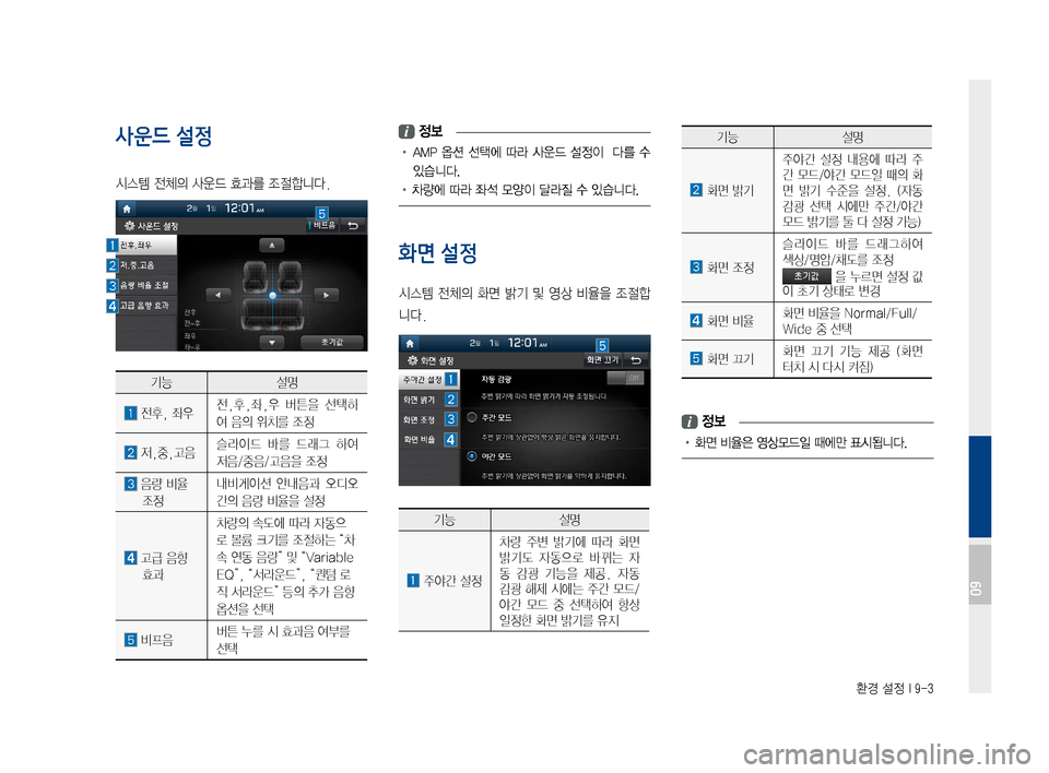 Hyundai Ioniq Hybrid 2015  IONIQ hybrid 표준4 내비게이션 (in Korean) 환경 설정 I 9-3
사운드 설정
시스템전체의사운드효과를조절합니다.
기능설명
전후,좌우전,후,좌,우버튼을선택하
여음의위치를조정
저,중,고
