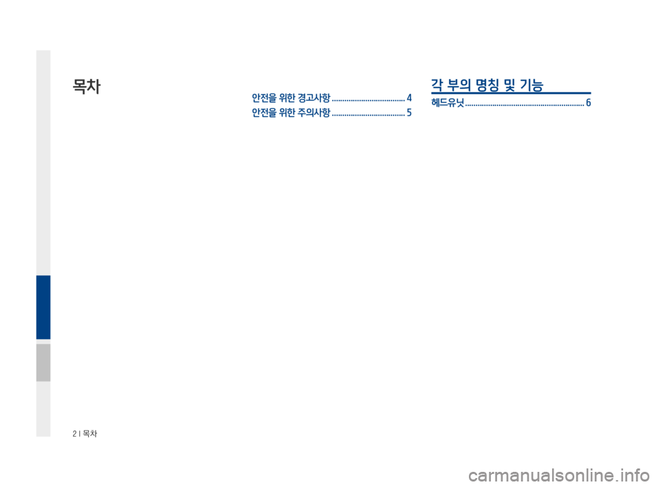 Hyundai Ioniq Hybrid 2015  IONIQ hybrid 표준4 내비게이션 (in Korean) 2 I 목차
목차안전을 위한 경고사항 ...................................4
안전을 위한 주의사항 ...................................5
각 부의 명칭 및 기능 
헤드유닛 ......