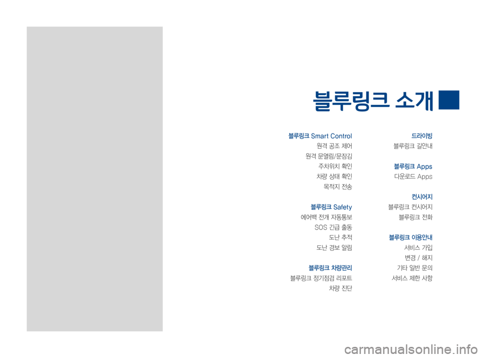 Hyundai Ioniq Hybrid 2015  IONIQ hybrid 표준4 내비게이션 (in Korean) 블루링크 Smart Control
원격공조제어
원격문열림/문잠김
주차위치확인
차량상태확인
목적지전송
블루링크 Safety
에어백전개자동통보
SOS긴급출동