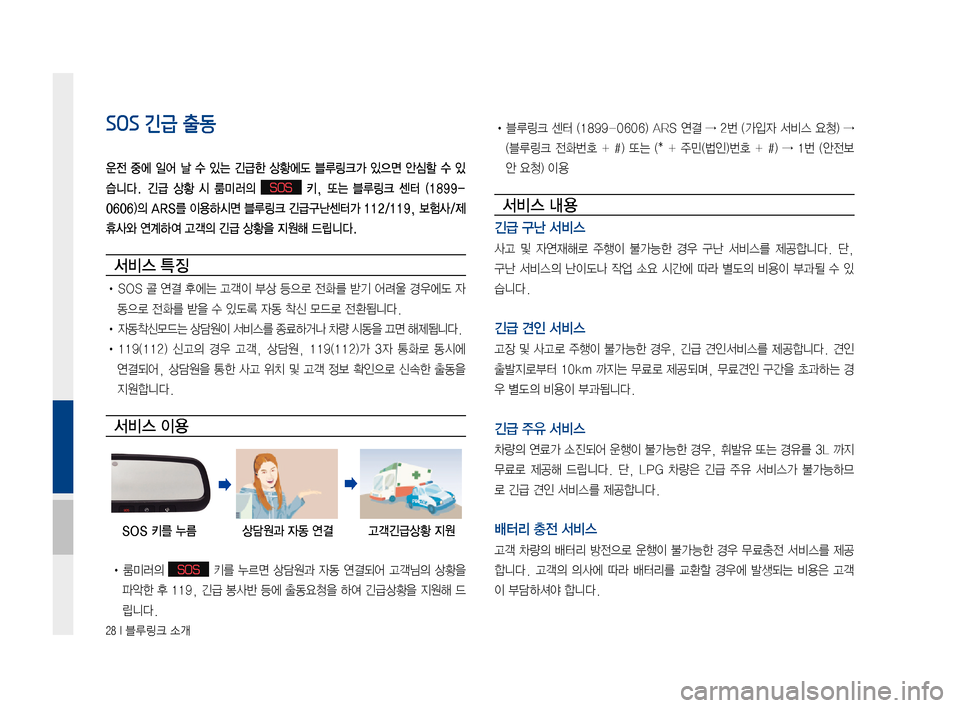 Hyundai Ioniq Hybrid 2015  IONIQ hybrid 표준4 내비게이션 (in Korean) 28 I 블루링크 소개
SOS 긴급 출동
운전  중에  일어  날  수  있는  긴급한  상황에도  블루링크가  있으면  안심할  수  있
습니다.  긴급  상황  시  룸미러