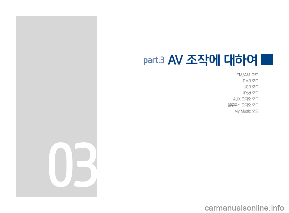 Hyundai Ioniq Hybrid 2015  IONIQ hybrid 표준4 내비게이션 (in Korean) FM/AM모드
DMB모드
USB모드
iPod모드
AUX오디오모드
블루투스오디오모드
MyMusic모드
part.3 AV 조작에 대하여
03 