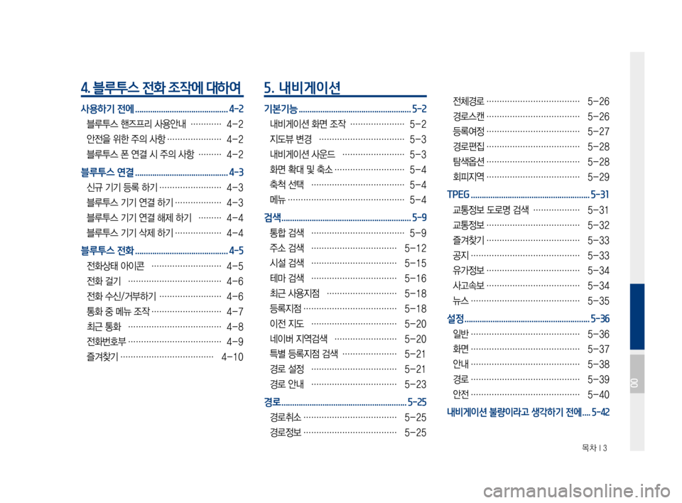 Hyundai Ioniq Hybrid 2015  IONIQ hybrid 표준4 내비게이션 (in Korean)  목차 I 3
4. 블루투스 전화 조작에 대하여
사용하기 전에 ...........................................4-2
블루투스 핸즈프리 사용안내 …………4-2
안전을 위한 주의