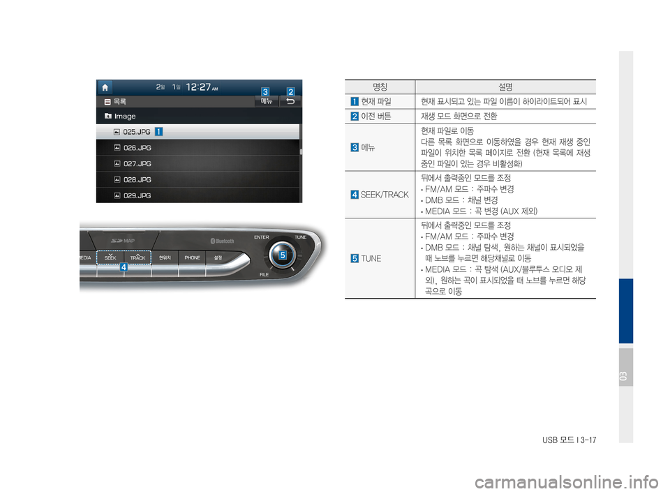 Hyundai Ioniq Hybrid 2015  IONIQ hybrid 표준4 내비게이션 (in Korean) USB 모드 I 3-17
명칭설명
현재파일현재표시되고있는파일이름이하이라이트되어표시
이전버튼재생모드화면으로전환
메뉴
현재파일로이동
