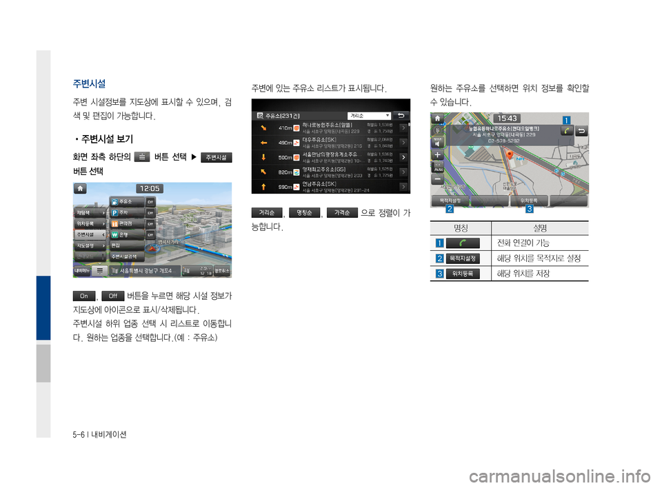 Hyundai Ioniq Hybrid 2015  IONIQ hybrid 표준4 내비게이션 (in Korean) 5-6 I 내비게이션
주변시설
주변시설정보를 지도상에표시할수있으며, 검
색및편집이가능합니다.
 •주변시설 보기
화면  좌측  하단의   버튼  선