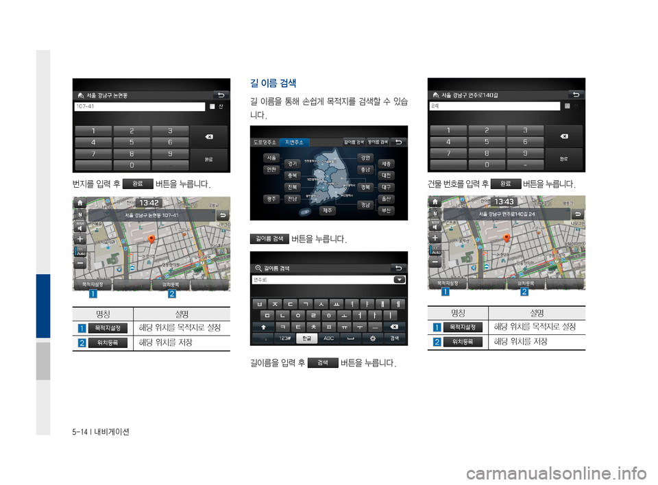Hyundai Ioniq Hybrid 2015  IONIQ hybrid 표준4 내비게이션 (in Korean) 5-14 I 내비게이션
번지를입력후버튼을누릅니다.
명칭설명
해당위치를목적지로설정
해당위치를저장
길 이름 검색
길이름을 통해손쉽게 목