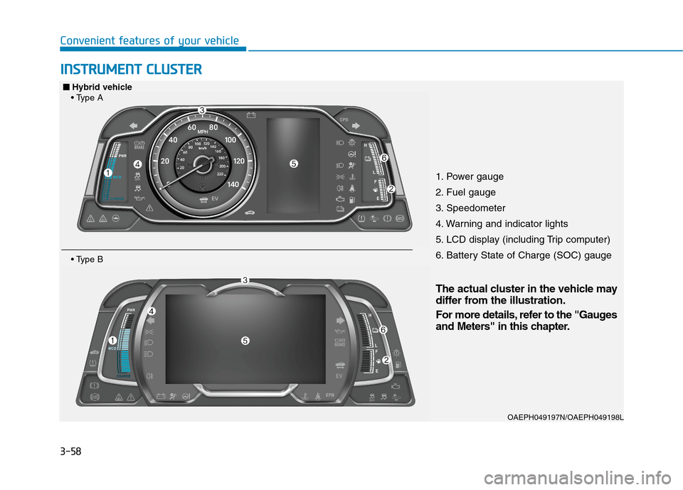 Hyundai Ioniq Plug-in Hybrid 2020  Owners Manual 3-58
Convenient features of your vehicle
I IN
NS
ST
TR
RU
UM
ME
EN
NT
T 
 C
CL
LU
US
ST
TE
ER
R
1. Power gauge
2. Fuel gauge
3. Speedometer
4. Warning and indicator lights
5. LCD display (including Tr