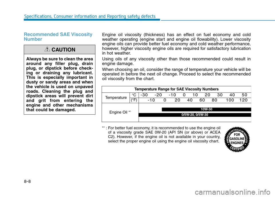 Hyundai Ioniq Plug-in Hybrid 2020  Owners Manual 8-8
Specifications, Consumer information and Reporting safety defects
Recommended SAE Viscosity
Number
Always be sure to clean the area
around any filler plug, drain
plug, or dipstick before check-
in