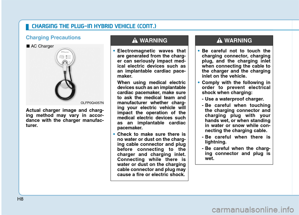 Hyundai Ioniq Plug-in Hybrid 2020  Owners Manual H8
C CH
HA
AR
RG
GI
IN
NG
G 
 T
TH
HE
E 
 P
PL
LU
UG
G-
-I
IN
N 
 H
HY
YB
BR
RI
ID
D 
 V
VE
EH
HI
IC
CL
LE
E 
 (
(C
CO
ON
NT
T.
.)
)
Charging Precautions
Actual charger image and charg-
ing method may