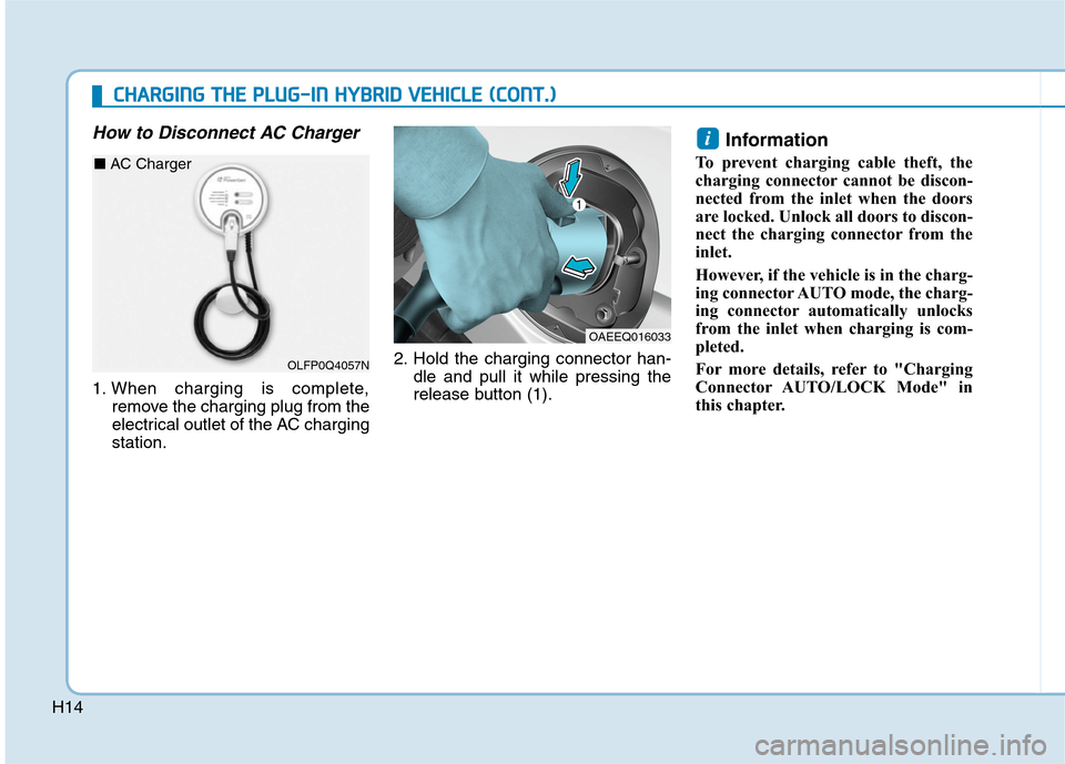 Hyundai Ioniq Plug-in Hybrid 2020  Owners Manual H14
C CH
HA
AR
RG
GI
IN
NG
G 
 T
TH
HE
E 
 P
PL
LU
UG
G-
-I
IN
N 
 H
HY
YB
BR
RI
ID
D 
 V
VE
EH
HI
IC
CL
LE
E 
 (
(C
CO
ON
NT
T.
.)
)
How to Disconnect AC Charger
1. When charging is complete,
remove 