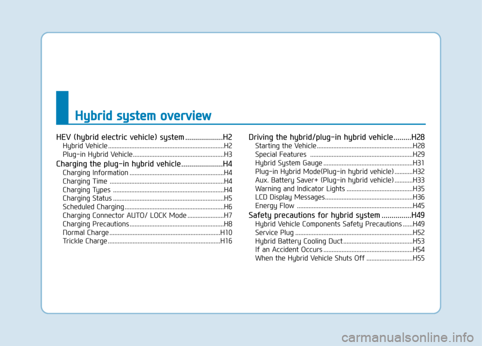 Hyundai Ioniq Plug-in Hybrid 2019  Owners Manual - RHD (UK, Australia) HEV (hybrid electric vehicle) system ...................H2
Hybrid Vehicle ......................................................................H2\
Plug-in Hybrid Vehicle.............................