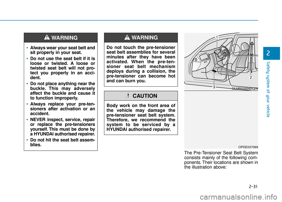 Hyundai Ioniq Plug-in Hybrid 2019  Owners Manual - RHD (UK, Australia) 2-31
Safety system of your vehicle
2
The Pre-Tensioner Seat Belt System
consists mainly of the following com-
ponents. Their locations are shown in
the illustration above:
Always wear your seat belt a