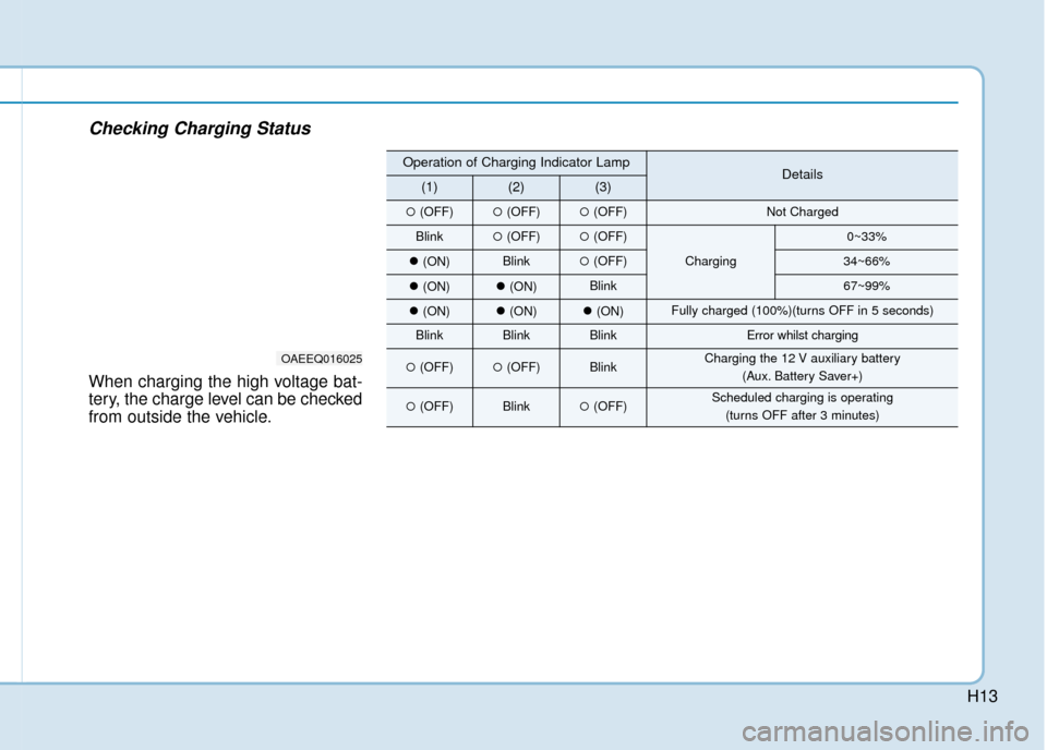 Hyundai Ioniq Plug-in Hybrid 2019   - RHD (UK, Australia) User Guide H13
Checking Charging Status
When charging the high voltage bat-
tery, the charge level can be checked
from outside the vehicle.
OAEEQ016025
Operation of Charging Indicator LampDetails(1)(2)(3)
(OFF)