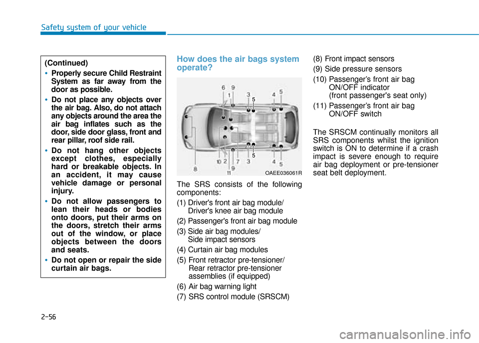 Hyundai Ioniq Plug-in Hybrid 2019  Owners Manual - RHD (UK, Australia) 2-56
Safety system of your vehicle
How does the air bags system
operate? 
The SRS consists of the following
components:
(1) Drivers front air bag module/Drivers knee air bag module
(2) Passengers f
