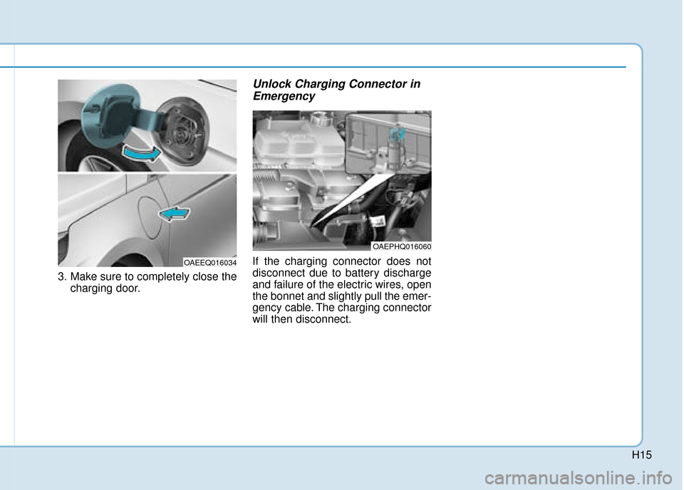 Hyundai Ioniq Plug-in Hybrid 2019   - RHD (UK, Australia) User Guide H15
3. Make sure to completely close thecharging door.
Unlock Charging Connector inEmergency
If the charging connector does not
disconnect due to battery discharge
and failure of the electric wires, o