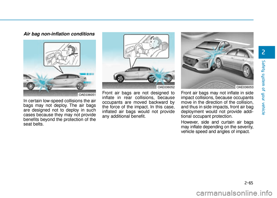 Hyundai Ioniq Plug-in Hybrid 2019  Owners Manual - RHD (UK, Australia) 2-65
Safety system of your vehicle
2
Air bag non-inflation conditions 
In certain low-speed collisions the air
bags may not deploy. The air bags
are designed not to deploy in such
cases because they m