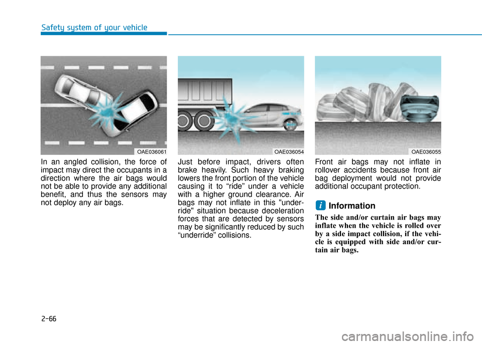 Hyundai Ioniq Plug-in Hybrid 2019  Owners Manual - RHD (UK, Australia) 2-66
Safety system of your vehicle
In an angled collision, the force of
impact may direct the occupants in a
direction where the air bags would
not be able to provide any additional
benefit, and thus 