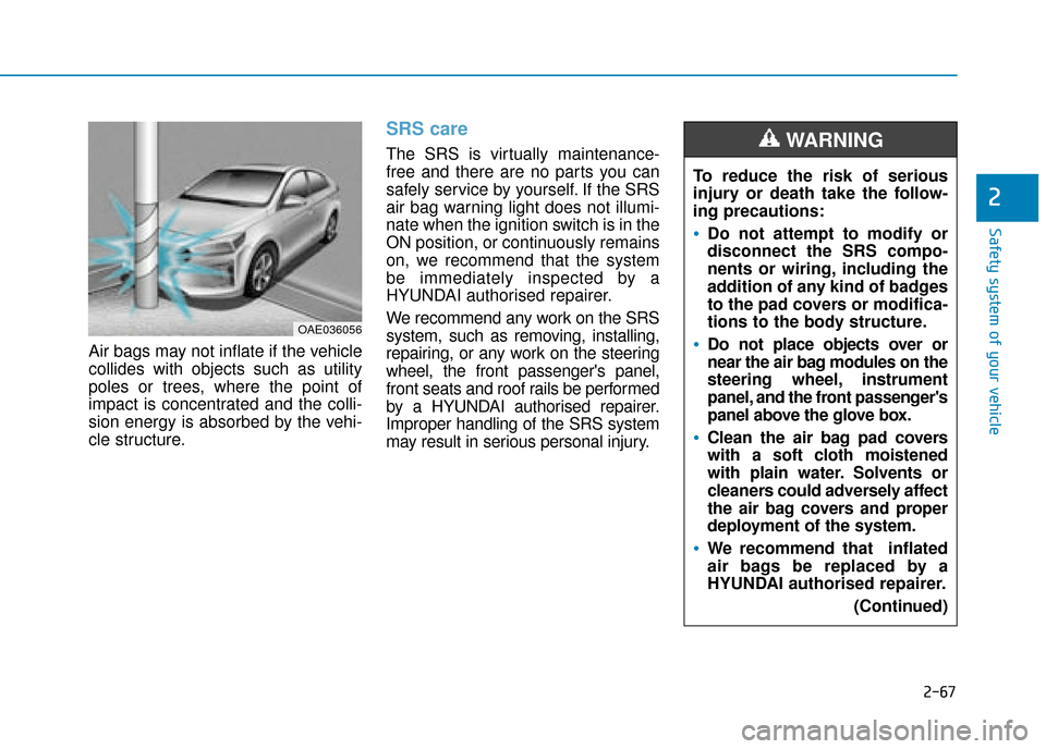 Hyundai Ioniq Plug-in Hybrid 2019  Owners Manual - RHD (UK, Australia) 2-67
Safety system of your vehicle
2
Air bags may not inflate if the vehicle
collides with objects such as utility
poles or trees, where the point of
impact is concentrated and the colli-
sion energy 
