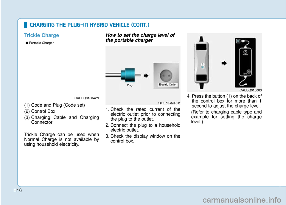 Hyundai Ioniq Plug-in Hybrid 2019   - RHD (UK, Australia) User Guide H16
Trickle Charge
(1) Code and Plug (Code set) 
(2) Control Box
(3) Charging Cable and Charging
Connector
Trickle Charge can be used when
Normal Charge is not available by
using household electricity