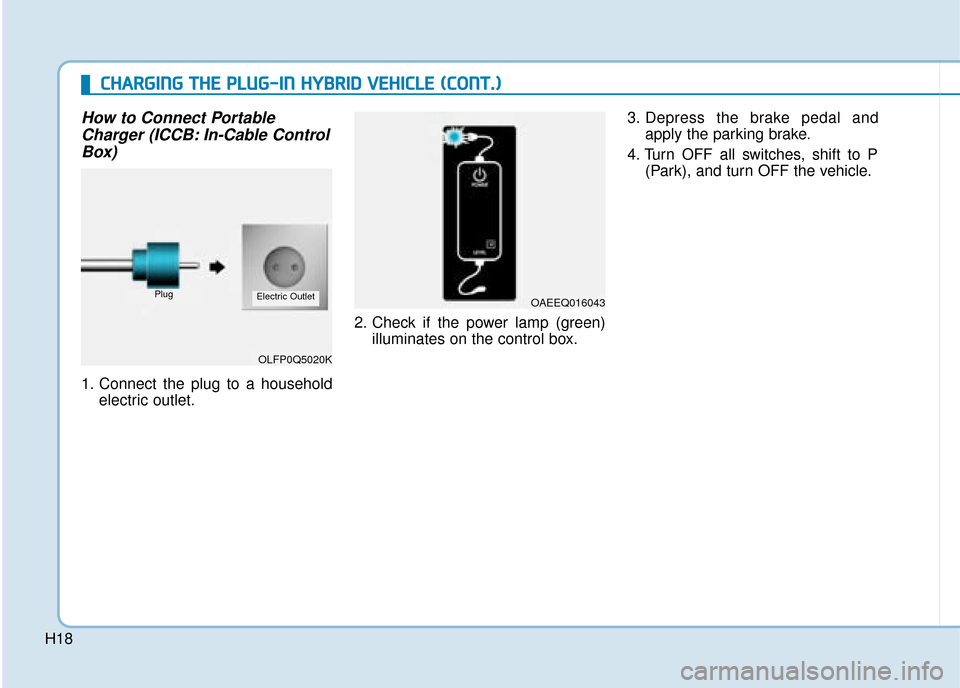 Hyundai Ioniq Plug-in Hybrid 2019   - RHD (UK, Australia) User Guide H18
How to Connect PortableCharger (ICCB: In-Cable ControlBox)
1. Connect the plug to a household
electric outlet. 2. Check if the power lamp (green)
illuminates on the control box. 3. Depress the bra