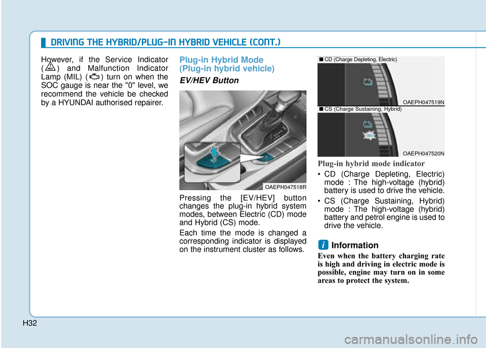 Hyundai Ioniq Plug-in Hybrid 2019 - RHD (UK, Australia) Owners Guide H32However, if the Service Indicator
( ) and Malfunction Indicator
Lamp (MIL) ( ) turn on when the
SOC gauge is near the "0" level, we
recommend the vehicle be checked
by a HYUNDAI authorised repairer Hyundai Ioniq Plug-in Hybrid 2019 - RHD (UK, Australia) Owners Guide H32However, if the Service Indicator
( ) and Malfunction Indicator
Lamp (MIL) ( ) turn on when the
SOC gauge is near the "0" level, we
recommend the vehicle be checked
by a HYUNDAI authorised repairer
