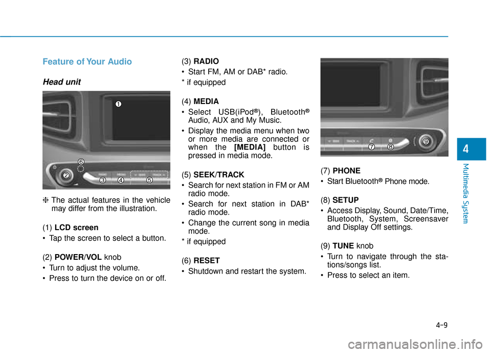 Hyundai Ioniq Plug-in Hybrid 2019 Owners Manual - RHD (UK, Australia) 4-9
Multimedia System
4
Feature of Your Audio
Head unit
❈The actual features in the vehicle
may differ from the illustration.
(1) LCD screen
Tap the screen to select a button.
(2) POWER/VOL knob Hyundai Ioniq Plug-in Hybrid 2019 Owners Manual - RHD (UK, Australia) 4-9
Multimedia System
4
Feature of Your Audio
Head unit
❈The actual features in the vehicle
may differ from the illustration.
(1) LCD screen
Tap the screen to select a button.
(2) POWER/VOL knob