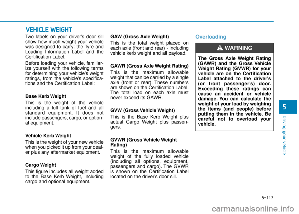 Hyundai Ioniq Plug-in Hybrid 2019  Owners Manual - RHD (UK, Australia) 5-117
Driving your vehicle
5
Two labels on your driver’s door sill
show how much weight your vehicle
was designed to carry: the Tyre and
Loading Information Label and the
Certification Label.
Before