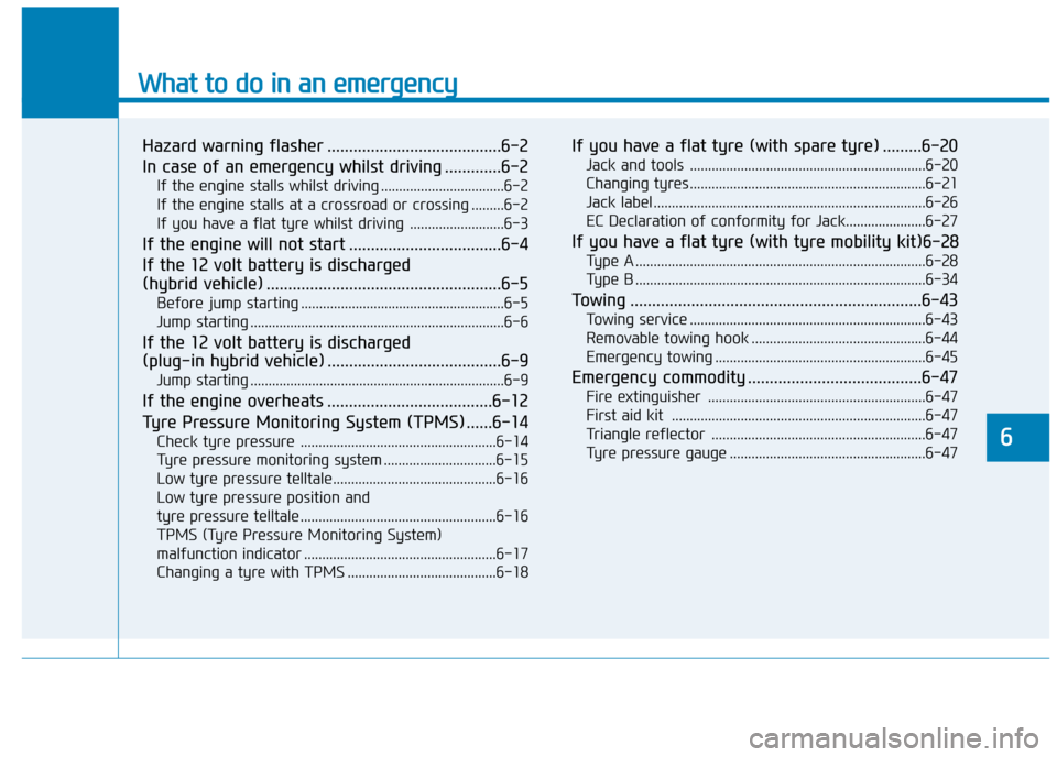 Hyundai Ioniq Plug-in Hybrid 2019  Owners Manual - RHD (UK, Australia) What to do in an emergency
Hazard warning flasher ........................................6-2
In case of an emergency whilst driving .............6-2
If the engine stalls whilst driving ..............