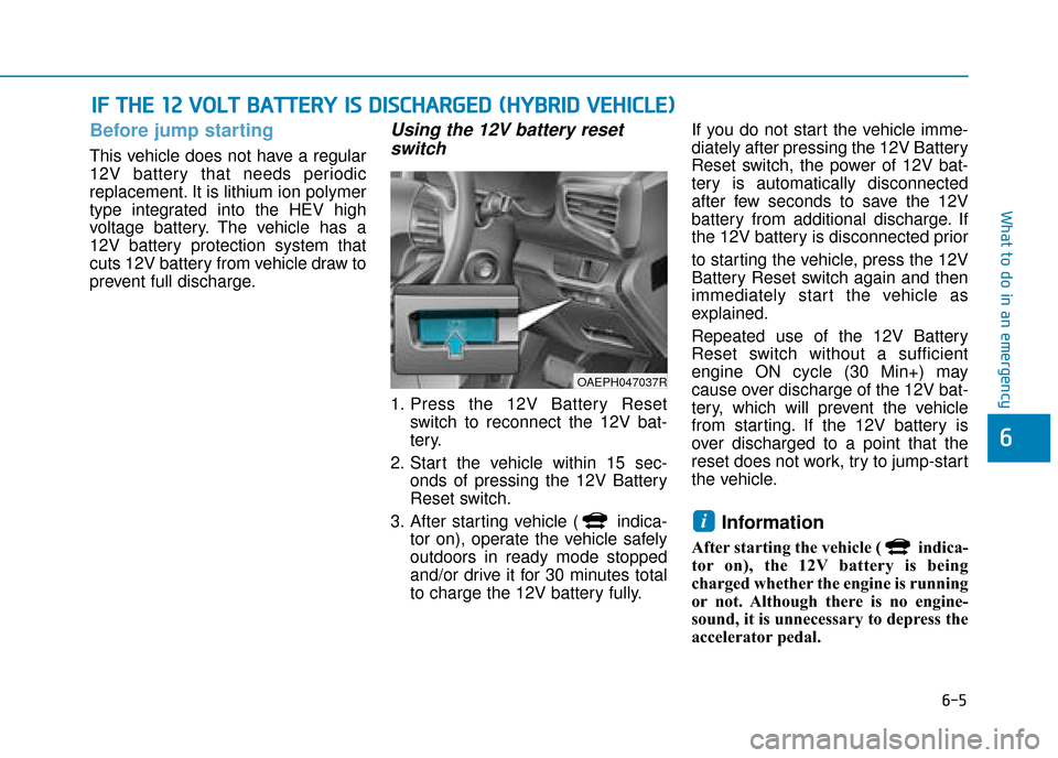 Hyundai Ioniq Plug-in Hybrid 2019  Owners Manual - RHD (UK, Australia) 6-5
What to do in an emergency
Before jump starting
This vehicle does not have a regular
12V battery that needs periodic
replacement. It is lithium ion polymer
type integrated into the HEV high
voltag