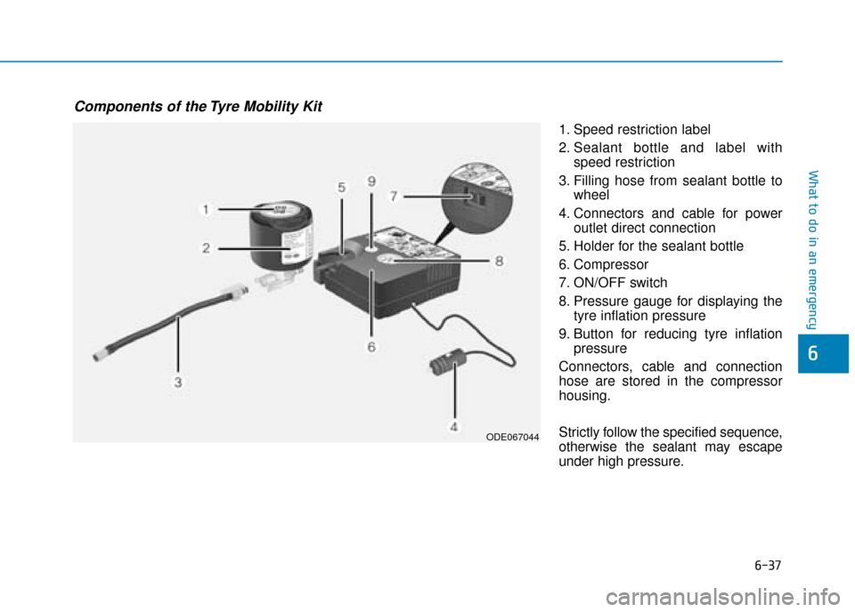 Hyundai Ioniq Plug-in Hybrid 2019  Owners Manual - RHD (UK, Australia) 6-37
What to do in an emergency
1. Speed restriction label
2. Sealant bottle and label withspeed restriction
3. Filling hose from sealant bottle to wheel
4. Connectors and cable for power outlet direc