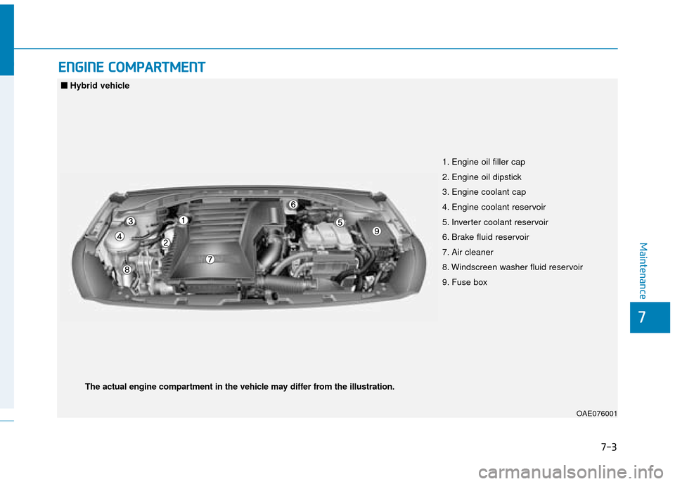 Hyundai Ioniq Plug-in Hybrid 2019  Owners Manual - RHD (UK, Australia) 7-3
7
Maintenance
E
EN
N G
GI
IN
N E
E 
 C
C O
O M
M P
PA
A R
RT
TM
M E
EN
N T
T 
 
1. Engine oil filler cap
2. Engine oil dipstick
3. Engine coolant cap
4. Engine coolant reservoir
5. Inverter coolan