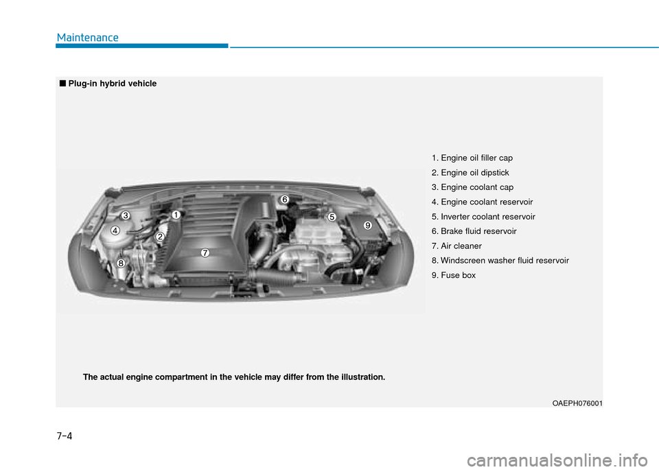 Hyundai Ioniq Plug-in Hybrid 2019  Owners Manual - RHD (UK, Australia) 7-4
Maintenance
1. Engine oil filler cap
2. Engine oil dipstick
3. Engine coolant cap
4. Engine coolant reservoir
5. Inverter coolant reservoir
6. Brake fluid reservoir
7. Air cleaner
8. Windscreen wa