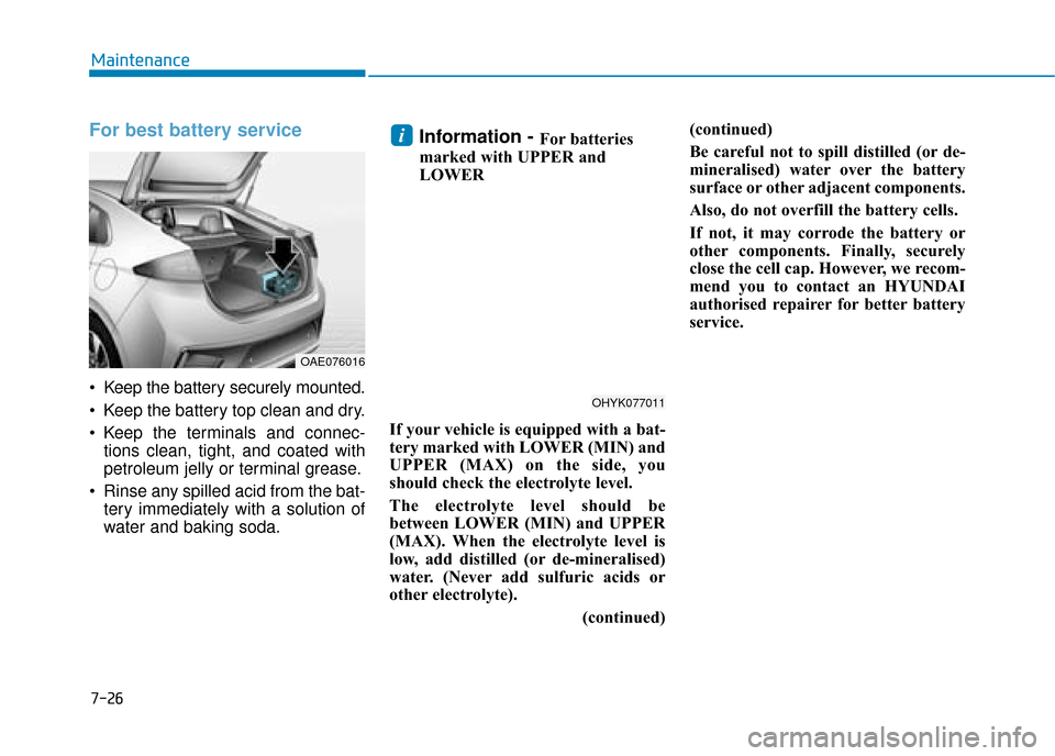 Hyundai Ioniq Plug-in Hybrid 2019  Owners Manual - RHD (UK, Australia) 7-26
Maintenance
For best battery service  
 Keep the battery securely mounted.
 Keep the battery top clean and dry.
 Keep the terminals and connec-tions clean, tight, and coated with
petroleum jelly 