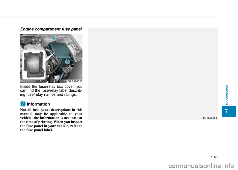 Hyundai Ioniq Plug-in Hybrid 2019  Owners Manual - RHD (UK, Australia) 7-49
7
Maintenance
Engine compartment fuse panel
Inside the fuse/relay box cover, you
can find the fuse/relay label describ-
ing fuse/relay names and ratings.
Information 
Not all fuse panel descripti