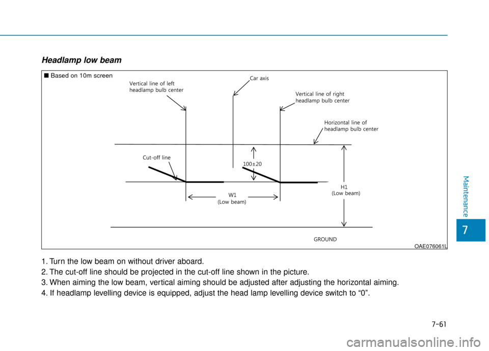Hyundai Ioniq Plug-in Hybrid 2019 Owners Manual - RHD (UK, Australia) 7-61
7
Maintenance
Headlamp low beam
1. Turn the low beam on without driver aboard.
2. The cut-off line should be projected in the cut-off line shown in the picture.
3. When aiming the low beam, verti Hyundai Ioniq Plug-in Hybrid 2019 Owners Manual - RHD (UK, Australia) 7-61
7
Maintenance
Headlamp low beam
1. Turn the low beam on without driver aboard.
2. The cut-off line should be projected in the cut-off line shown in the picture.
3. When aiming the low beam, verti