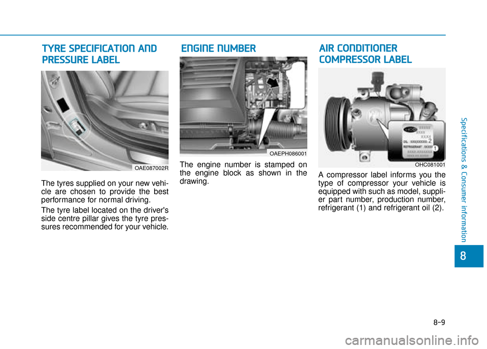 Hyundai Ioniq Plug-in Hybrid 2019  Owners Manual - RHD (UK, Australia) 8-9
8
Specifications & Consumer information
The tyres supplied on your new vehi-
cle are chosen to provide the best
performance for normal driving.
The tyre label located on the drivers
side centre p