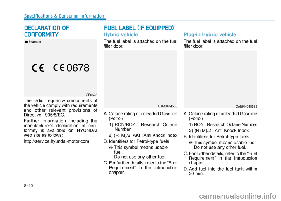 Hyundai Ioniq Plug-in Hybrid 2019  Owners Manual - RHD (UK, Australia) 8-10
Specifications & Consumer information
The radio frequency components of
the vehicle comply with requirements
and other relevant provisions of
Directive 1995/5/EC.
Further information including th