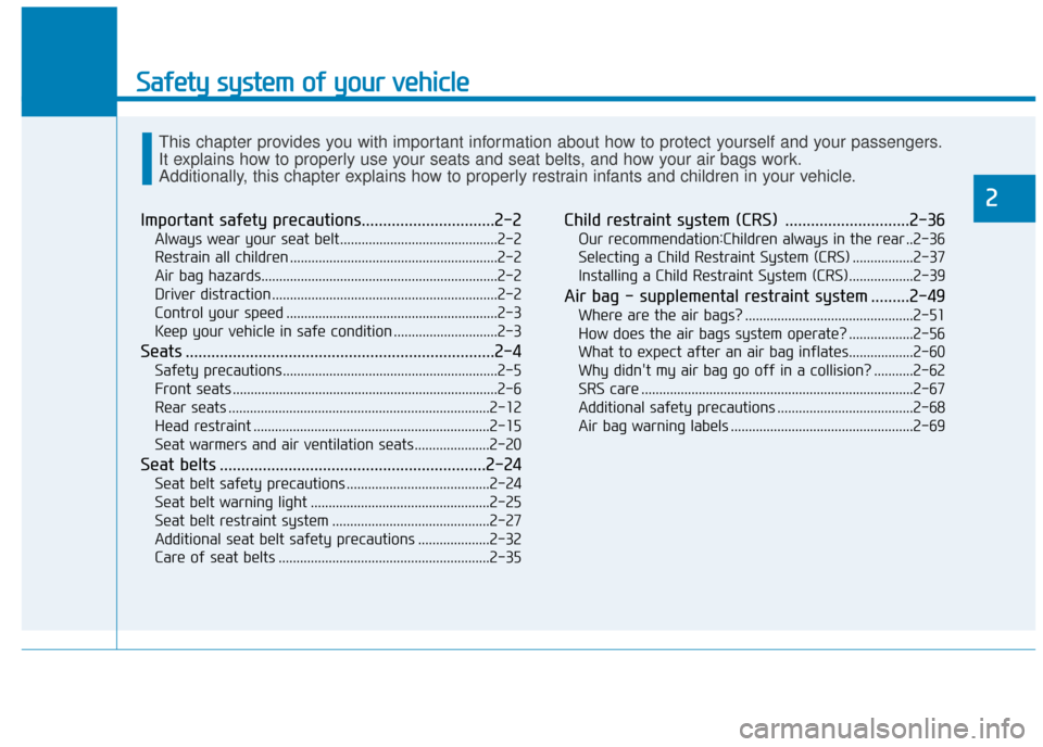 Hyundai Ioniq Plug-in Hybrid 2019   - RHD (UK, Australia) Manual PDF Safety system of your vehicle
2
Important safety precautions...............................2-2
Always wear your seat belt............................................2-2
Restrain all children .........