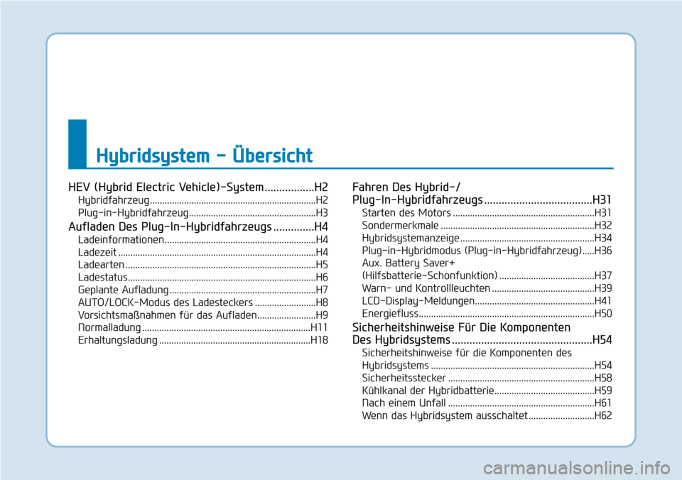 Hyundai Ioniq Plug-in Hybrid 2019  Betriebsanleitung (in German) Hybridsystem - Übersicht
HEV (Hybrid Electric Vehicle)-System .................H2
Hybridfahrzeug ....................................................................H2
Plug-in-Hybridfahrzeug.........