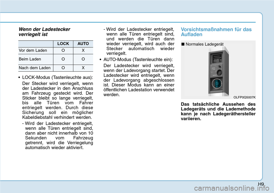 Hyundai Ioniq Plug-in Hybrid 2019  Betriebsanleitung (in German) H9
Wenn der Ladesteckerverriegelt ist
• LOCK-Modus (Tastenleuchte aus):
Der Stecker wird verriegelt, wenn
der Ladestecker in den Anschluss
am Fahrzeug gesteckt wird. Der
Sticker bleibt so lange verr