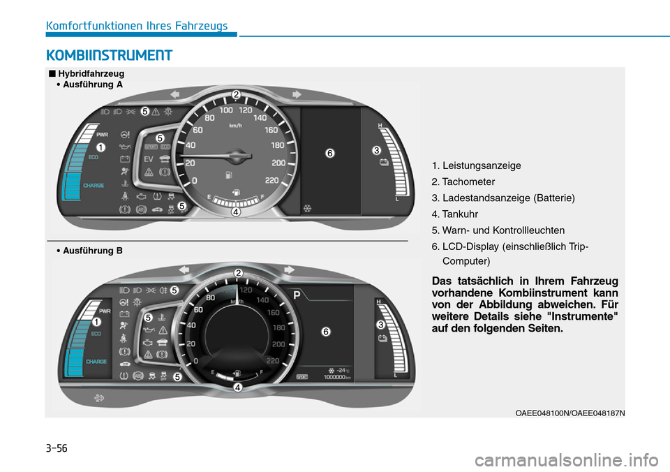 Hyundai Ioniq Plug-in Hybrid 2019  Betriebsanleitung (in German) 3-56
Komfortfunktionen Ihres Fahrzeugs
KOMBIINSTRUMENT
1. Leistungsanzeige
2. Tachometer
3. Ladestandsanzeige (Batterie)
4. Tankuhr
5. Warn- und Kontrollleuchten
6. LCD-Display (einschließlich Trip-C