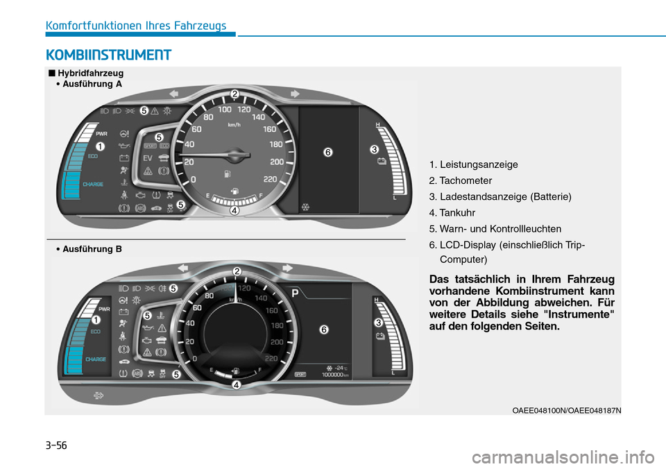 Hyundai Ioniq Plug-in Hybrid 2019 Betriebsanleitung (in German) 3-56
Komfortfunktionen Ihres Fahrzeugs
KOMBIINSTRUMENT
1. Leistungsanzeige
2. Tachometer
3. Ladestandsanzeige (Batterie)
4. Tankuhr
5. Warn- und Kontrollleuchten
6. LCD-Display (einschließlich Trip-C Hyundai Ioniq Plug-in Hybrid 2019 Betriebsanleitung (in German) 3-56
Komfortfunktionen Ihres Fahrzeugs
KOMBIINSTRUMENT
1. Leistungsanzeige
2. Tachometer
3. Ladestandsanzeige (Batterie)
4. Tankuhr
5. Warn- und Kontrollleuchten
6. LCD-Display (einschließlich Trip-C