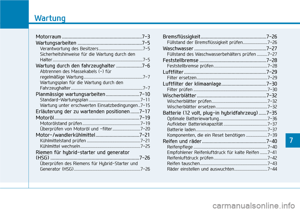 Hyundai Ioniq Plug-in Hybrid 2019 Betriebsanleitung (in German) 7
Wartung
7
Wartung
Motorraum ..............................................................7-3
Wartungsarbeiten ..................................................7-5
Verantwortung des Besitzers ..... Hyundai Ioniq Plug-in Hybrid 2019 Betriebsanleitung (in German) 7
Wartung
7
Wartung
Motorraum ..............................................................7-3
Wartungsarbeiten ..................................................7-5
Verantwortung des Besitzers .....