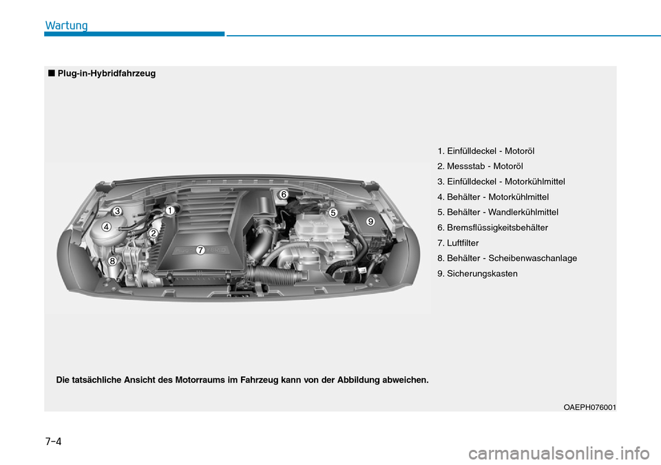 Hyundai Ioniq Plug-in Hybrid 2019 Betriebsanleitung (in German) 7-4
Wartung
1. Einfülldeckel - Motoröl
2. Messstab - Motoröl
3. Einfülldeckel - Motorkühlmittel
4. Behälter - Motorkühlmittel
5. Behälter - Wandlerkühlmittel
6. Bremsflüssigkeitsbehälter
7. Hyundai Ioniq Plug-in Hybrid 2019 Betriebsanleitung (in German) 7-4
Wartung
1. Einfülldeckel - Motoröl
2. Messstab - Motoröl
3. Einfülldeckel - Motorkühlmittel
4. Behälter - Motorkühlmittel
5. Behälter - Wandlerkühlmittel
6. Bremsflüssigkeitsbehälter
7.